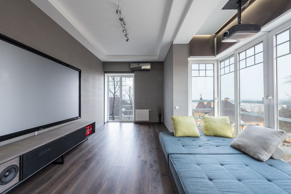 Large ultra high definition television in a modern living room