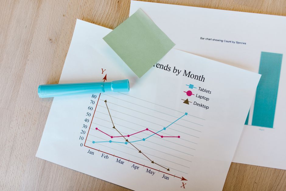 Line chart printed on paper on a desk