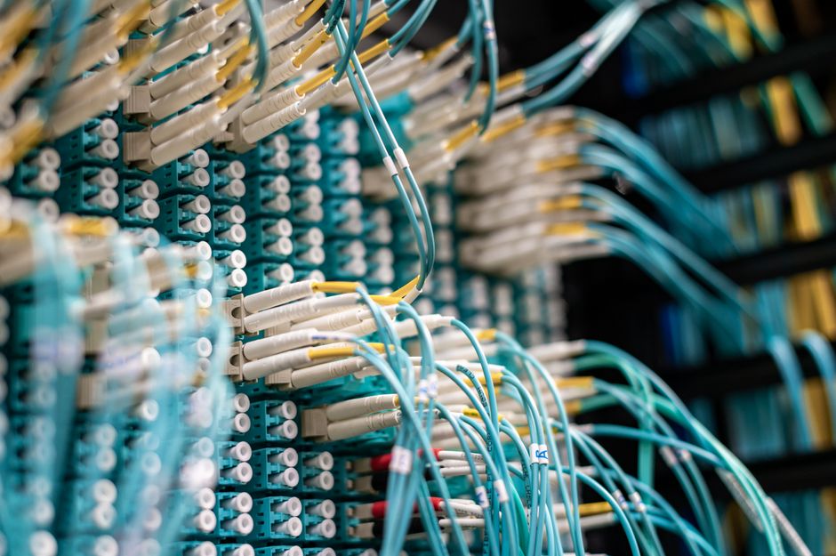 Network cables plugged into a patch panel