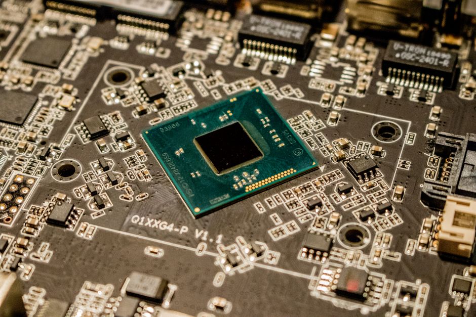 A CPU processor seated on a motherboard