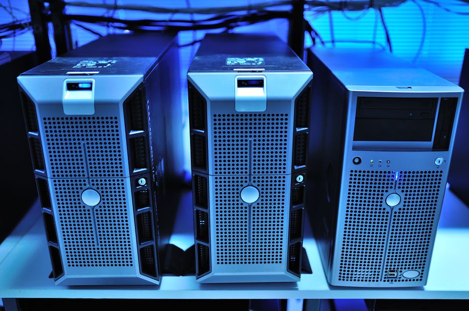 Rack of network servers with status lights
